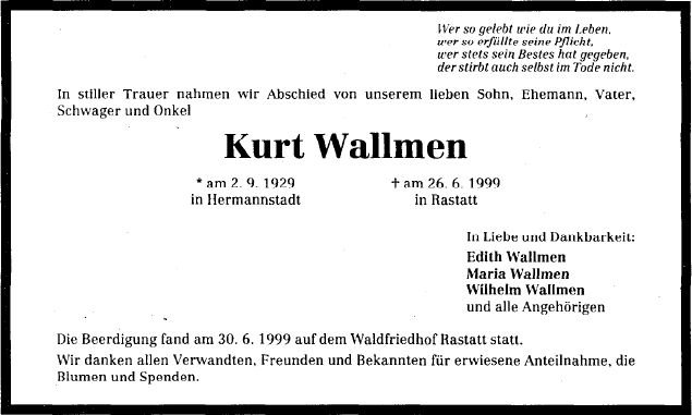 Wallmen Kurt 1929-1999 Todesanzeige